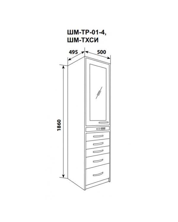 ШМ-ТР-01-4 - шкаф одностворчатый, верх - дверь металл и 2полки, низ - 4 выдвижных ящика