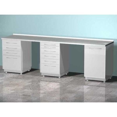 AR-L24 - стол лабораторный трехтумбовый (тумба с распашной металлической дверью, тумба с четырьмя выдвижными ящиками, тумба с шестью выдвижными ящиками), на столешнице стекло AR-L24 - стол лабораторный трехтумбовый (тумба с распашной металлической дверью, тумба с четырьмя выдвижными ящиками, тумба с шестью выдвижными ящиками), на столешнице стекло