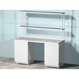 AR-L01N - стол лабораторный со стеллажом двухтумбовый (две тумбы с распашными металлическими дверями), на столешнице стекло