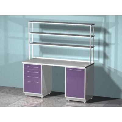 AR-L02N - стол лабораторный со стеллажом двухтумбовый (тумба с распашной металлической дверью, тумба с четырьмя выдвижными ящиками), на столешнице стекло AR-L02N - стол лабораторный со стеллажом двухтумбовый (тумба с распашной металлической дверью, тумба с четырьмя выдвижными ящиками), на столешнице стекло