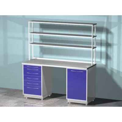 AR-L03N - стол лабораторный со стеллажом двухтумбовый (тумба с распашной металлической дверью, тумба с шестью выдвижными ящиками), на столешнице стекло AR-L03N - стол лабораторный со стеллажом двухтумбовый (тумба с распашной металлической дверью, тумба с шестью выдвижными ящиками), на столешнице стекло