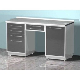 AR-L05 - стол лабораторный двухтумбовый (тумба с четырьмя выдвижными ящиками, тумба с распашной металлической дверью, два выдвижных ящика между тумбами), на столешнице стекло