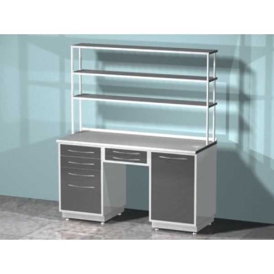 AR-L05N - стол лабораторный со стеллажом двухтумбовый (тумба с распашной металлической дверью, тумба с четырьмя выдвижными ящиками, два выдвижных ящика между тумбами), на столешнице стекло AR-L05N - стол лабораторный со стеллажом двухтумбовый (тумба с распашной металлической дверью, тумба с четырьмя выдвижными ящиками, два выдвижных ящика между тумбами), на столешнице стекло