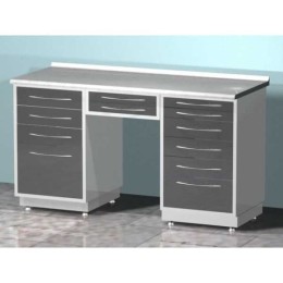 AR-L06 - стол лабораторный двухтумбовый (тумба с шестью выдвижными ящиками, тумба с четырьмя выдвижными ящиками, два выдвижных ящика между тумбами), на столешнице стекло