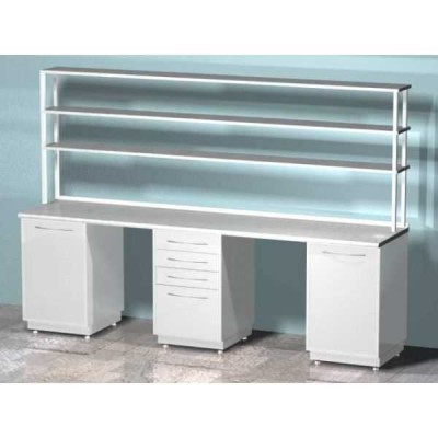 AR-L22N - стол лабораторный со стеллажом трехтумбовый (две тумбы с распашными металлическими дверями, тумба с четырьмя выдвижными ящиками), на столешнице стекло AR-L22N - стол лабораторный со стеллажом трехтумбовый (две тумбы с распашными металлическими дверями, тумба с четырьмя выдвижными ящиками), на столешнице стекло