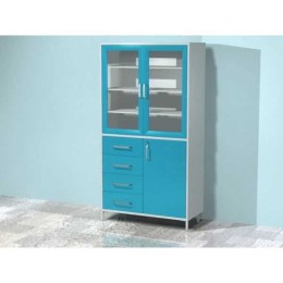 AR-X97 - шкаф с двумя распашными застекленными дверями, двумя металлическими полками, четырьмя выдвижными ящиками с замком, распашной металлической дверью с замком, металлической полкой