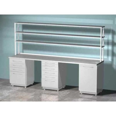 AR-L24N - стол лабораторный со стеллажом трехтумбовый (тумба с распашной металлической дверью, тумба с четырьмя выдвижными ящиками, тумба с шестью выдвижными ящиками), на столешнице стекло AR-L24N - стол лабораторный со стеллажом трехтумбовый (тумба с распашной металлической дверью, тумба с четырьмя выдвижными ящиками, тумба с шестью выдвижными ящиками), на столешнице стекло