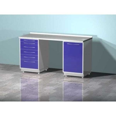 AR-L03 - стол лабораторный двухтумбовый (тумба с шестью выдвижными ящиками, тумба с распашной металлической дверью, между тумбами рабочая поверхность), на столешнице стекло AR-L03 - стол лабораторный двухтумбовый (тумба с шестью выдвижными ящиками, тумба с распашной металлической дверью, между тумбами рабочая поверхность), на столешнице стекло