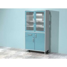 AR-X98 - шкаф с двумя распашными застекленными дверьми, двумя металлическими полками, выдвижным ящиком с замком, двумя распашными металлическими дверьми с замком, двумя металлическими полками
