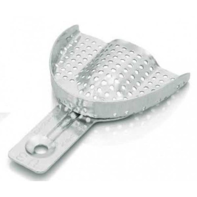 Ложка слепочная верхняя большая (L) с перфораций без бортика, детская, из аллюминия Ложка слепочная верхняя большая (L) с перфораций без бортика, детская, из аллюминия